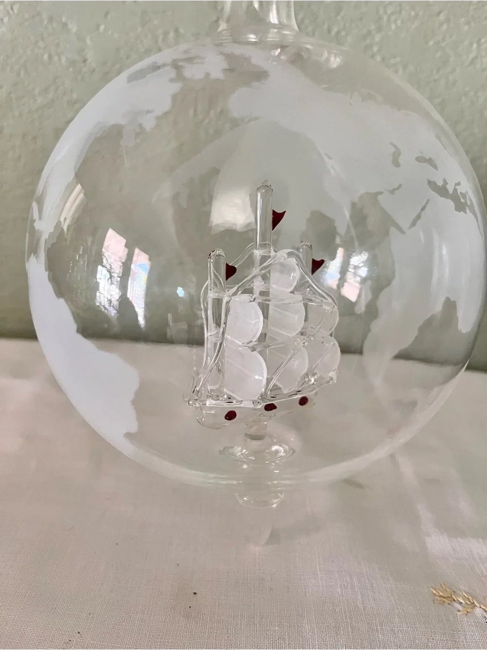 Vintage Glass Globe Ship Decanter on Wooden Stand Frosted World Map Barware